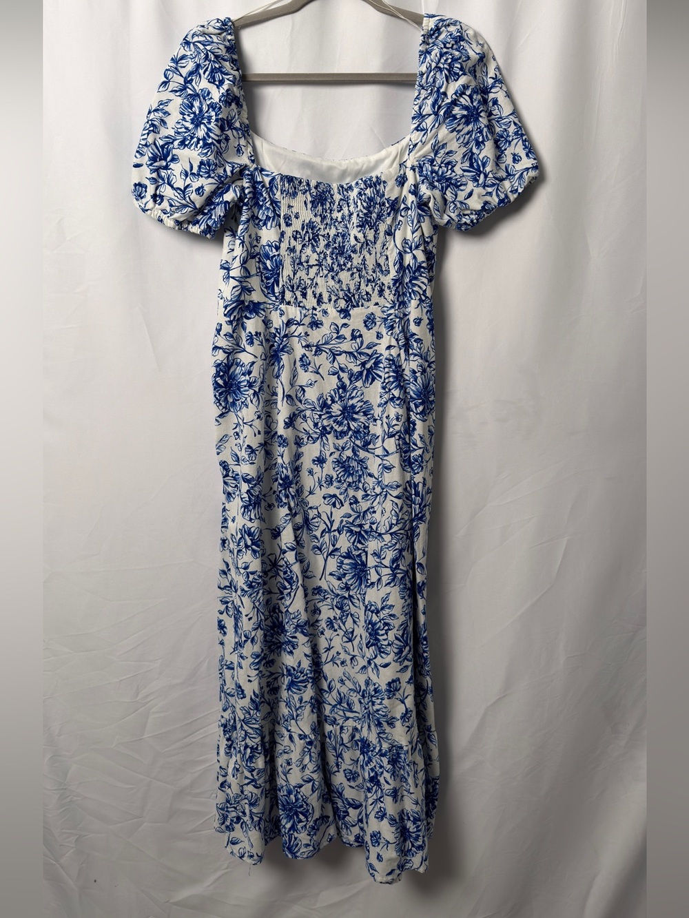Blue White Floral Midi Dress Puff Sleeve US 10
